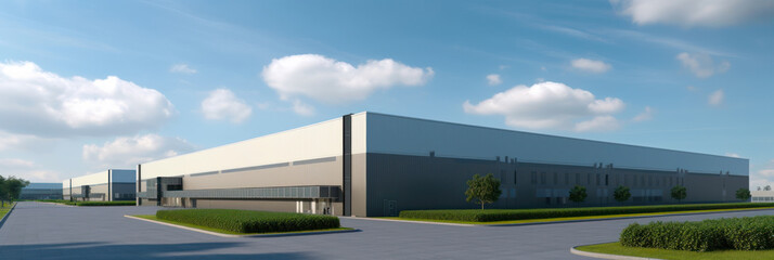 AI generated logistics center, warehouse, or large retail store under a blue sky. AI generated so has no ties with any real entities. New condition building, under a fair blue sky. Generative AI. 