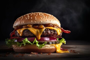Picture of burger with bacon filling Delicious vegetables and seals. AI-generated images