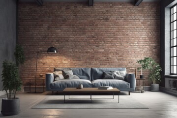cozy living room with a rustic brick wall and a comfortable blue couch. Generative AI