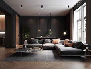Fototapeta premium interior design of modern apartment, living room with sofa and coffee tables. create using generative AI.