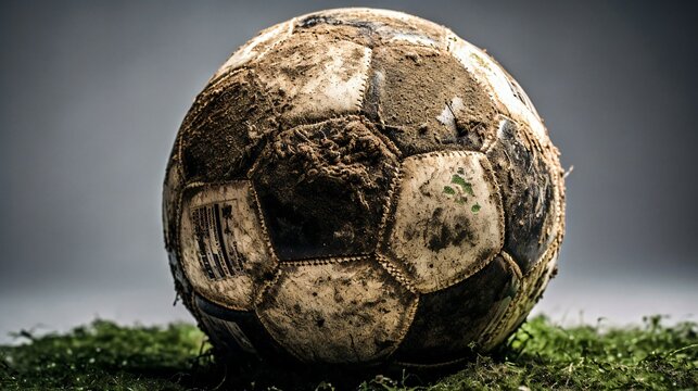 Muddy and worn football soccer ball covered in mud, created with help of Generative Ai