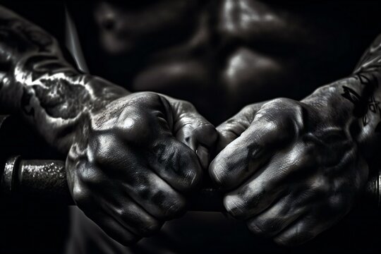Black and white detailed close-up of a weightlifter's hands covered in chalk, resting on a barbell, created using Generative AI