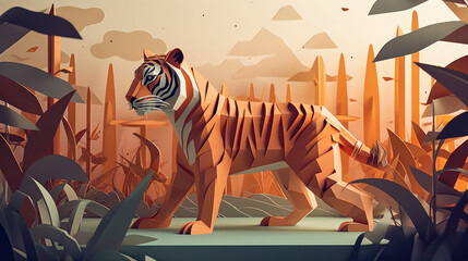 Bengal tiger in a wildlife sanctuary, with the kirigami paper art creating the details of the sanctuary fence and surrounding landscape