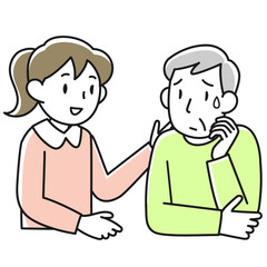 不安げな顔で話すシニア男性と耳を傾ける若い女性