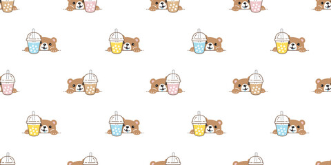 bear polar seamless pattern boba tea bubble milk tea drink vector cartoon pastel teddy tile background gift wrapping paper repeat wallpaper scarf isolated doodle illustration design