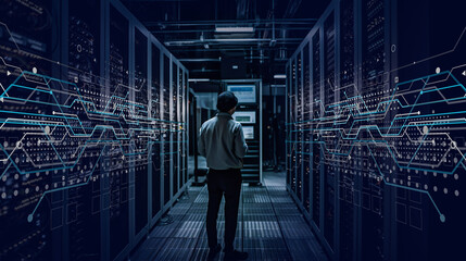 A man standing in the middle of a big modern server room with many server racks