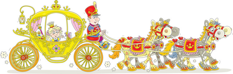 Funny little princess traveling through a fairytale kingdom in her golden ceremonial carriage pulled by four royal horses, vector cartoon illustration isolated on a white background