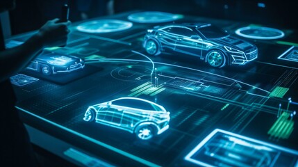 The futuristic automotive design process of a car, holographic touch screens, drawing board, blue print, created using Generative AI technology