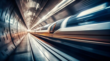 Modern magnetic train going fast through a tunnel, created using Generative AI technology