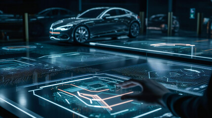 Fototapeta na wymiar The futuristic automotive design process of a car, holographic touch screens, drawing board, blue print, created using Generative AI technology