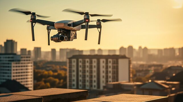 A modern drone making package delivery on a building rooftop during golden hour, created using Generative AI technology