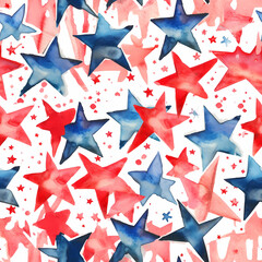 Obraz premium red and blue stars and stripes themed seamless backdrop pattern, repeatable star texture in an USA color sceme for digital paper or wrapping paper, generative ai