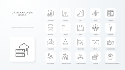 Data analysis icons collection with black outline style. analytics, chart, graph, growth, research, information, report. Vector illustration