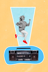 Vertical photo collage artwork of funny funky positive crazy girl running flying over vintage music player isolated pastel background