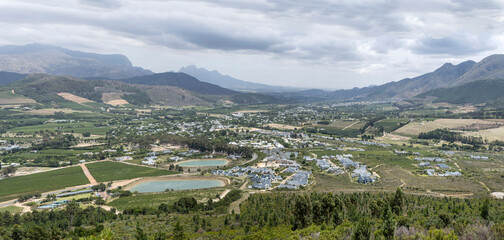 Fototapeta na wymiar aerial landscape with Franschhoek and its valley, South Africa