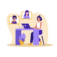 Three girls talking at video conference. Remote meeting for friends, colleagues, and family. Group communication online. Happy virtual companions. Vector flat illustration