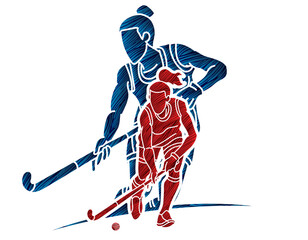 Group of Field Hockey Sport Team Female Players Mix Action Cartoon Graphic Vector