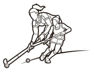 Group of Field Hockey Sport Team Female Players Mix Action Cartoon Graphic Vector