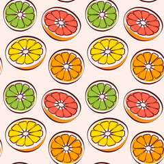 Linear pattern background of citrus fruits, grapefruit, lime and orange slices, seamless vector pattern, wallpaper, packaging, fabric print.