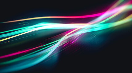 Abstract dark background with glowing colored lines, generative AI.
