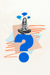 Vertical photo collage of smart thoughtful minded woman sitting on question mark chatting on...