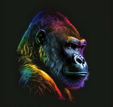 Photo colorful art gorilla black background, ai generated