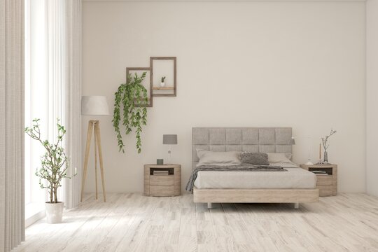 White lbedroom concept. Scandinavian interior design. 3D illustration