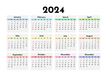 Calendar for 2024 isolated on a white background