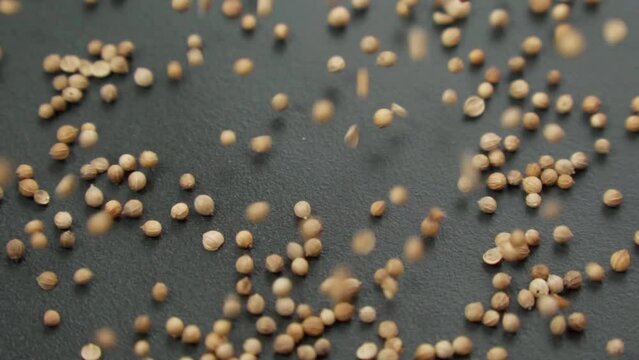 Coriander Seeds close up, products or health products based on coriander seeds. Slow motion