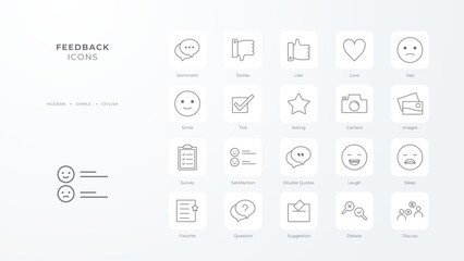 Feedback icons collection with black outline style. analytics, research, information, diagram, report, statistic, app. Vector illustration