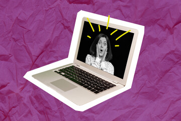 Creative 3d collage wallpaper funny excited girl image shocked laptop display shopping ecommerce advertisement purchase isolated on pink background