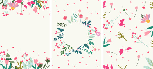 Card combo with wildflowers in a circle, a wreath in the middle and space for text. Floral cards for birthdays, weddings, mother's day, spring and more. Vector illustration.