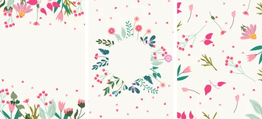 Card combo with wildflowers in a circle, a wreath in the middle and space for text. Floral cards for birthdays, weddings, mother's day, spring and more. Vector illustration. © YustynaOlha