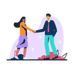 Recognition and appreciation between coworkers, deal and positive emotion. Office and business success, achievements and partnership. Guy and woman shaking hands. Vector flat illustration