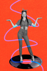Vertical creative template collage of young hipster attractive lady wear crop top pop music lover balance two hands dance isolated on red background
