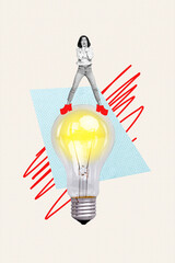 Vertical photo collage of impressed astonished staring girl standing on bulb excellent idea thought...