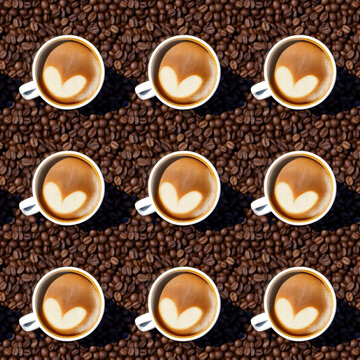 Top view of white coffee mugs with a heart of foam. Coffee beans in the background. Cappuccino. Seamless pattern.Generative AI.