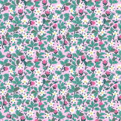 Seamless floral ornamental pattern. Strawberries with fruits and flowers on a pink background. Vector illustration.