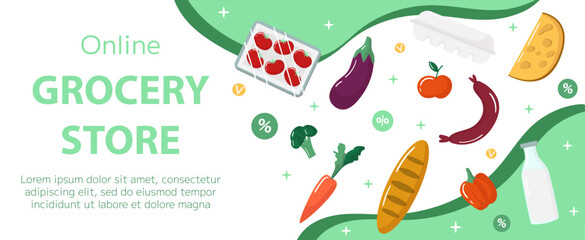 Vector online grocery store banner template. Fresh products on green background. Horizontal backdrop, flyer, brochure for sale, discount, offers.