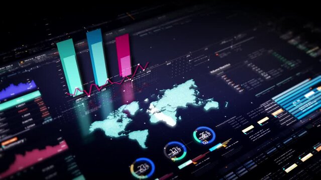 Business stock market, trading, info graphic with animated graphs, charts and data numbers insight analysis to be shown on monitor display screen for business meeting mock up theme