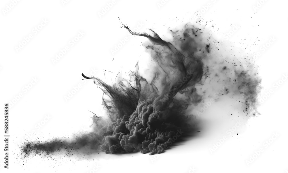 Wall mural black smoke explosion on empty transparent background. isolated abstract brush. generative ai