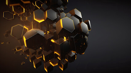 Glowing black and glow abstract organic hexagons background on empty backdrop. Generative ai