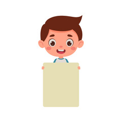 Cute little kid boy holding empty blank board. Cartoon child character. Vector illustration
