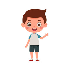 Cute cartoon little boy waving his hand. Little schoolboy character. Vector illustration