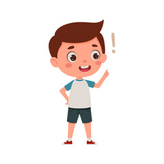 Cute little kid boy with great idea. Cartoon schoolboy character show facial expression. Vector illustration