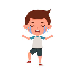 Cute little kid boy cry. Cartoon schoolboy character show facial expression. Vector illustration