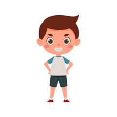 Cute little kid happy boy smile. Cartoon schoolboy character show facial expression. Vector illustration