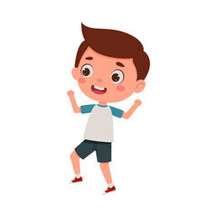 Cute little kid happy boy jump. Cartoon schoolboy character show facial expression. Vector illustration