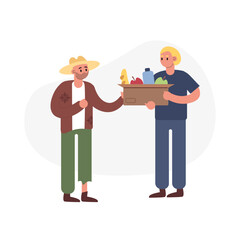 Young man from volunteering service giving free food to beggar. Humanitarian aid organization. Grocery for needy and poor people. Voluntary altruistic activity. Vector