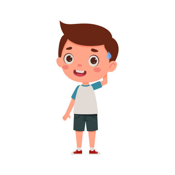 Cute little kid boy confused. Cartoon schoolboy character show facial expression. Vector illustration